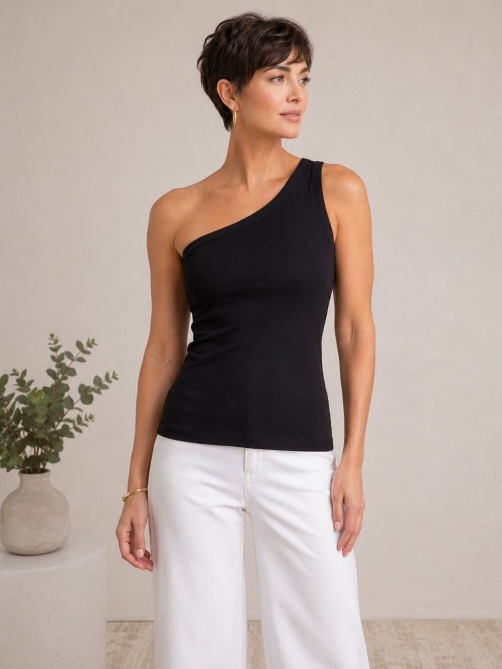 Cabi Black One-Shoulder Knit Tank Top Size Medium